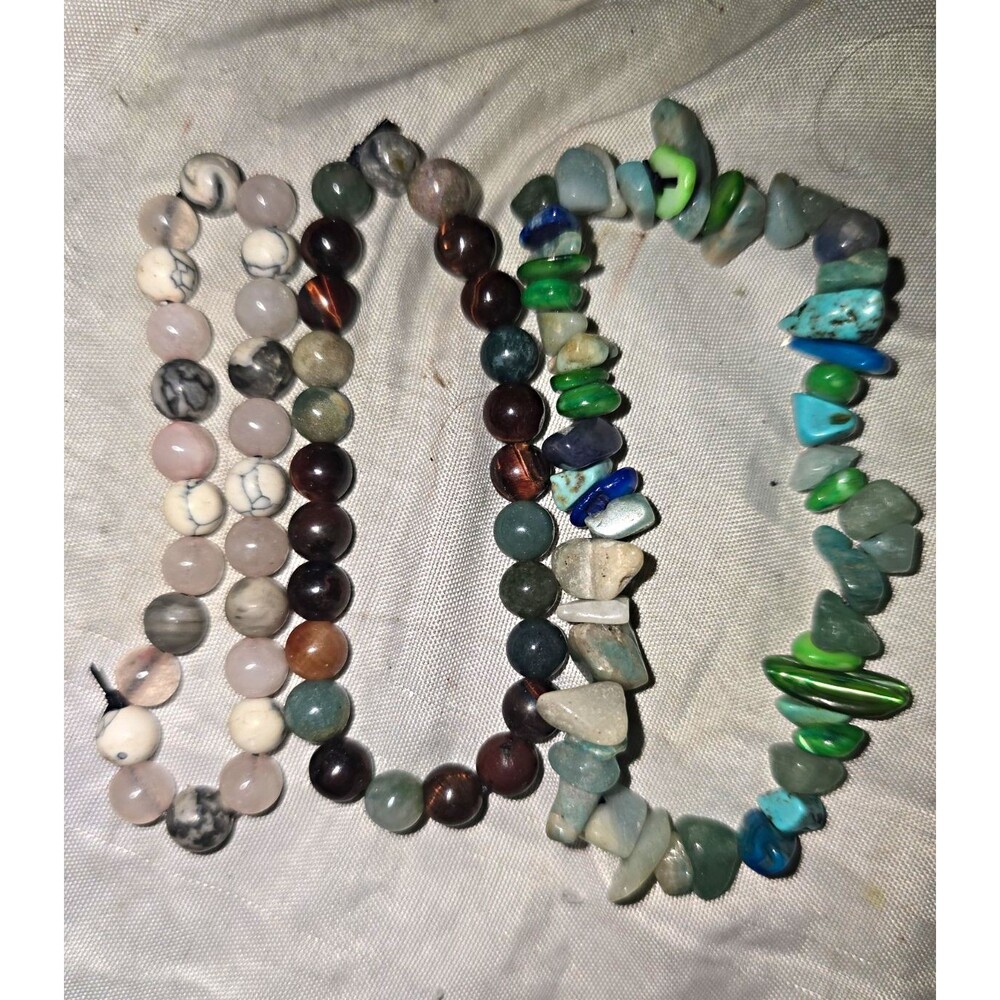 Lot of 3 Multicolor Mixed Gemstone Beaded Stretch Bracelets, Round, Stackable
